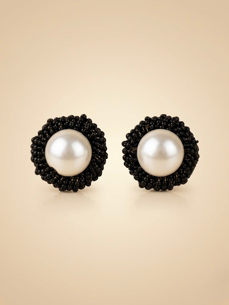Black Beaded Pearl Stud Earrings