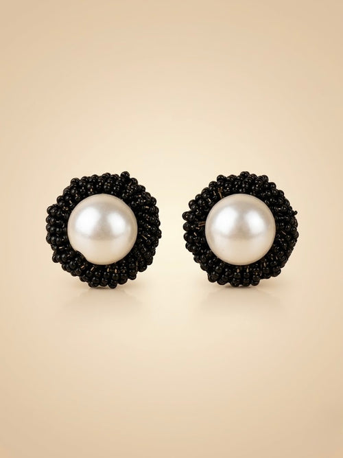 Black Beaded Pearl Stud Earrings