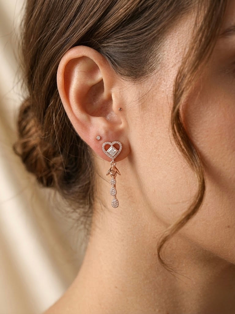 Rose Gold Heart AD Drop Earrings