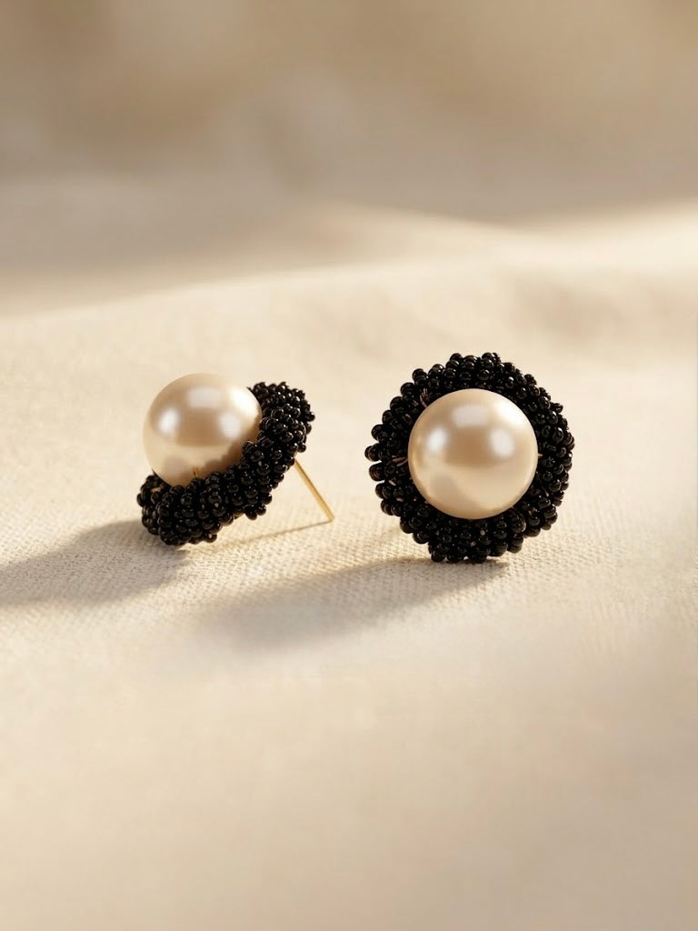 Black Beaded Pearl Stud Earrings