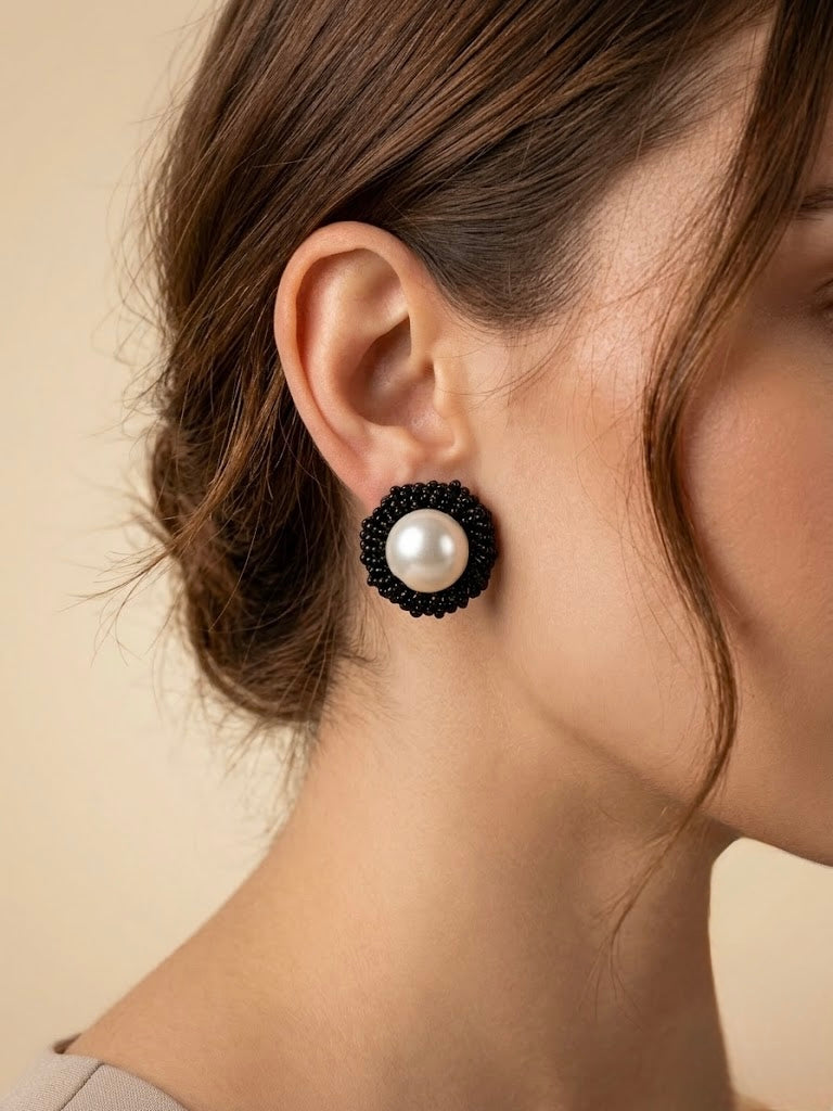 Black Beaded Pearl Stud Earrings