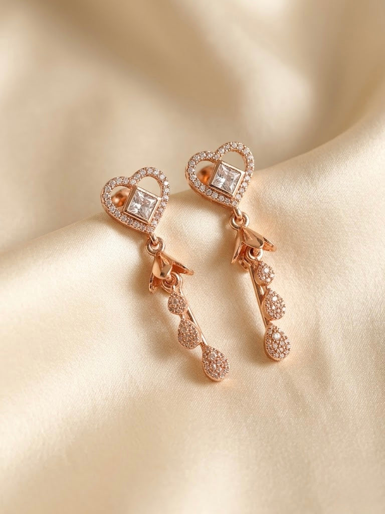 Rose Gold Heart AD Drop Earrings