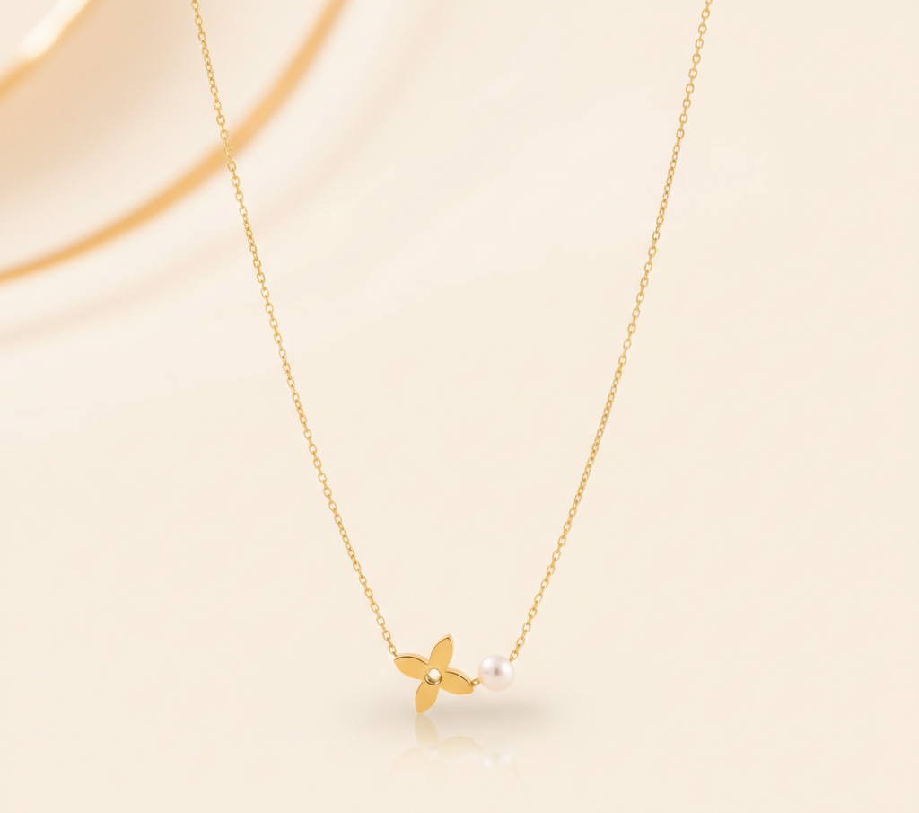 Gold Flower & Pearl Anti-Tarnish Necklace