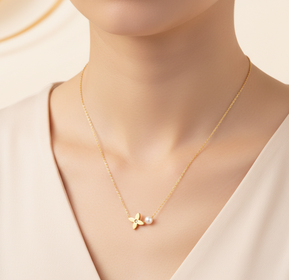 Gold Flower & Pearl Anti-Tarnish Necklace